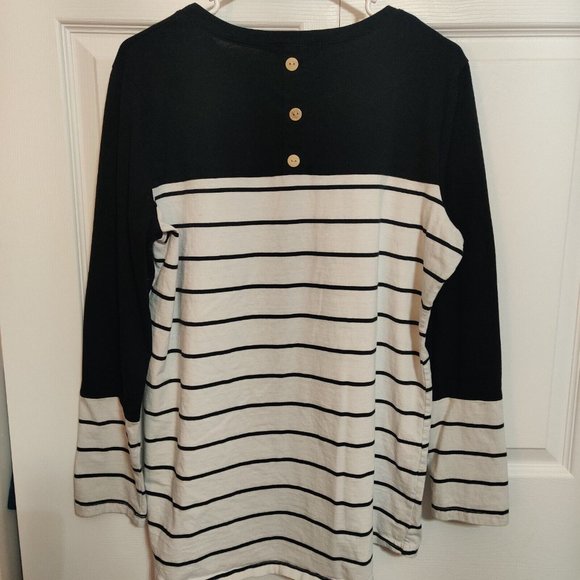 Women's Kancystore XL black/white Striped Long Sleeve Top Button - Picture 2 of 9